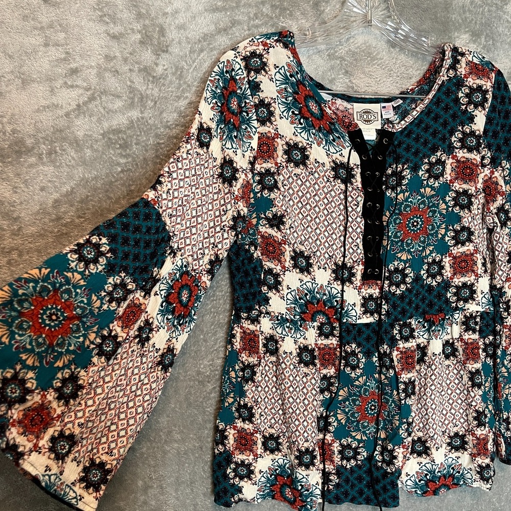 Vintage Rod's Women Patchwork Blouse Boho Top M Flared Sleeve Peasant Renfaire